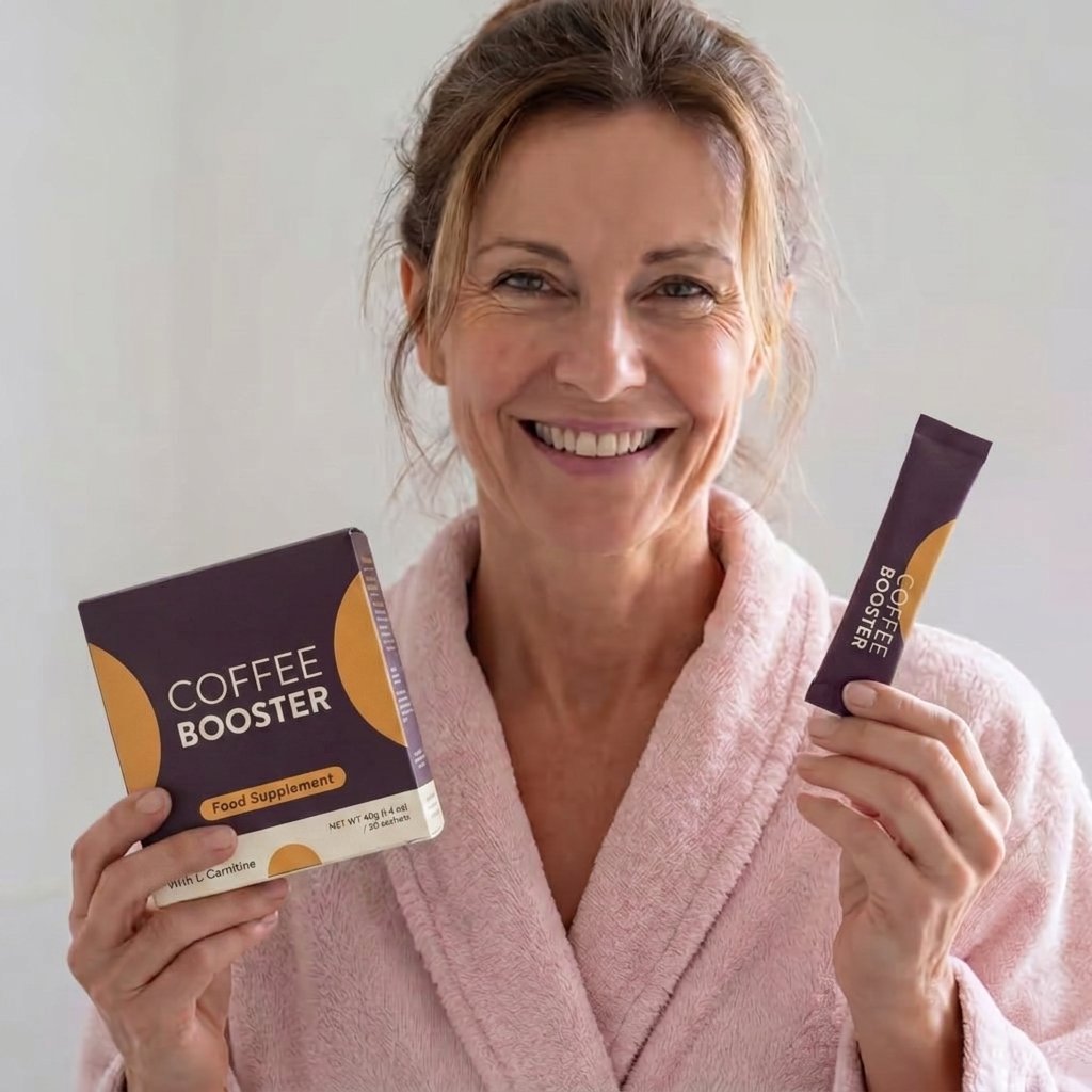 Holding a Coffee Booster box and sachet