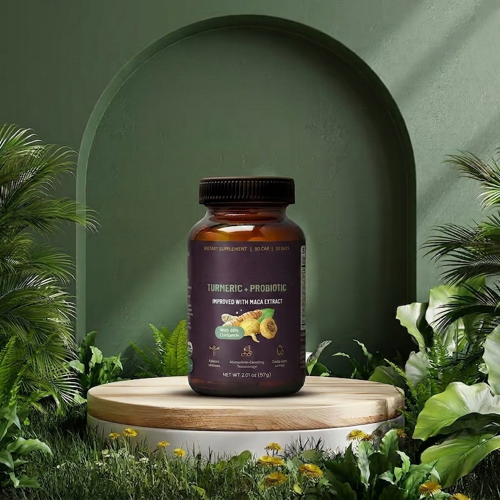 Turmeric + Probiotic bottle on a wooden stand